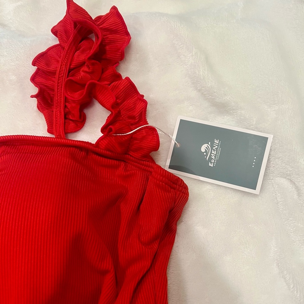 Tummy Control Square Neck Red Ribbed Swimsuit Adjustable ruffle strap ❤️ - Picture 4 of 9